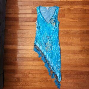 Cache Blue Sequin Sheer Asymmetrical Longline Top with Fringe